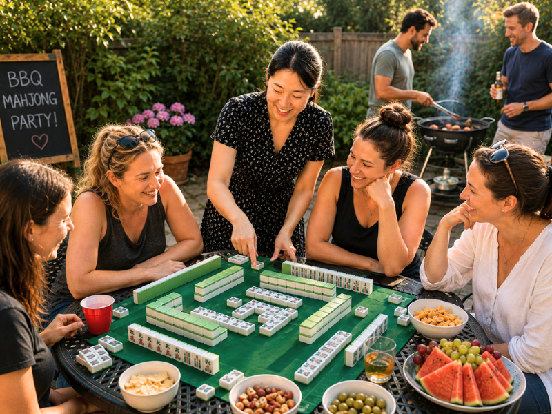 people learning mahjong in a bbq garden party